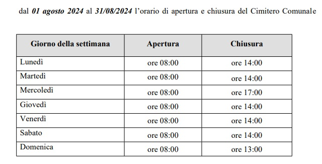 orario cimitero comunale agosto